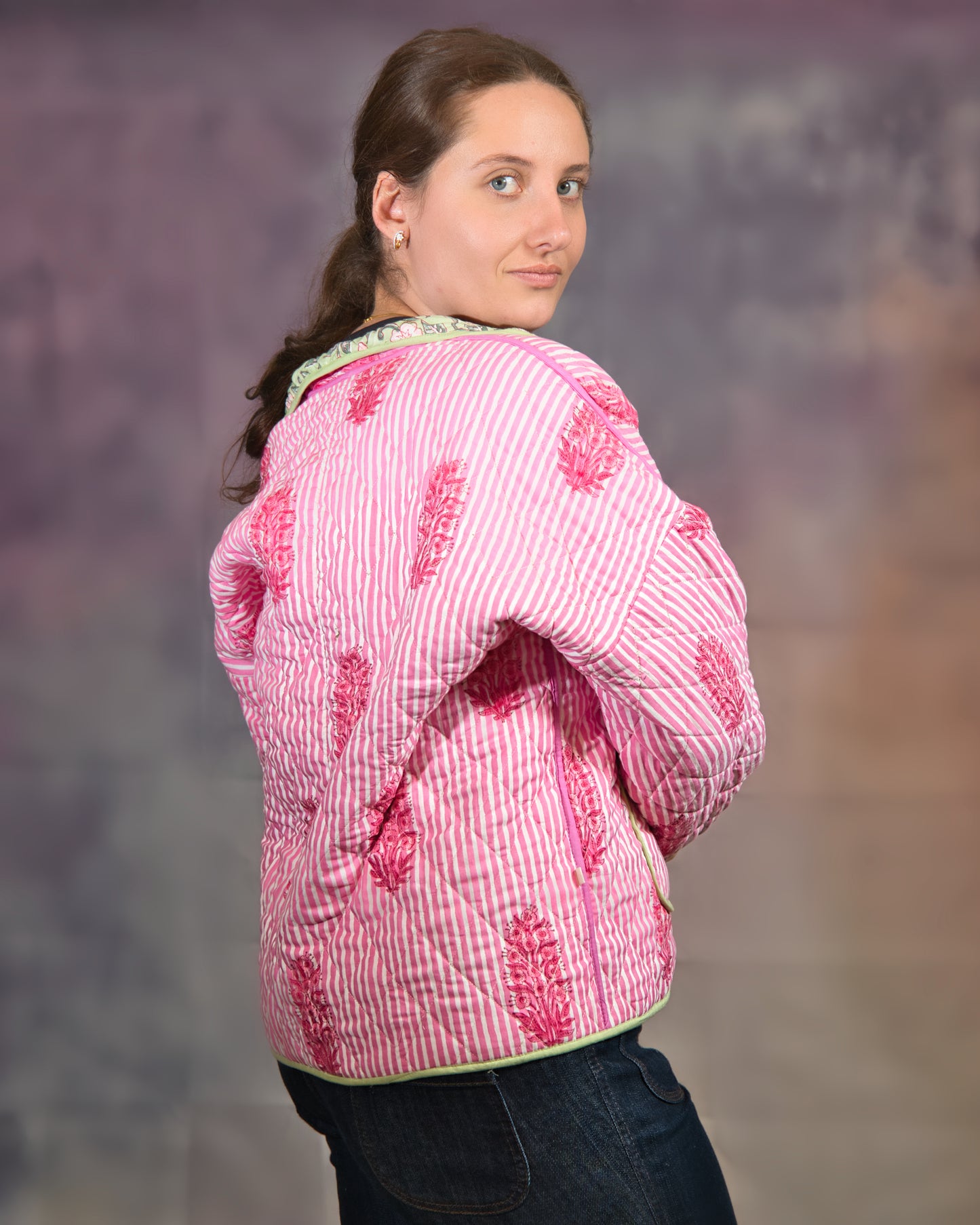 Mint Green & Pink Floral Reversible Quilted Jacket