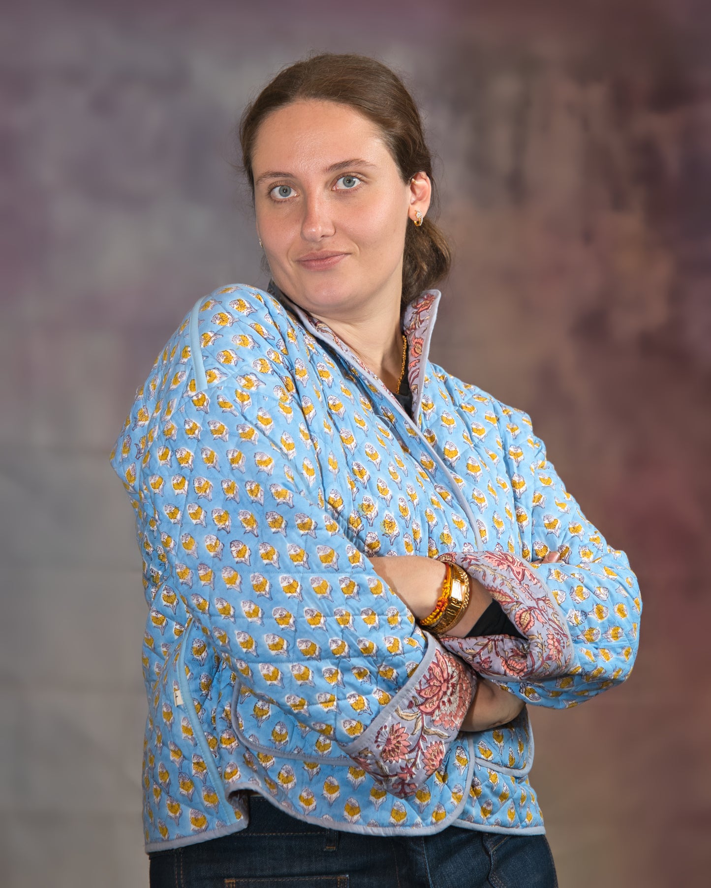 Grey with Blue Flowers Reversible Quilted Jacket