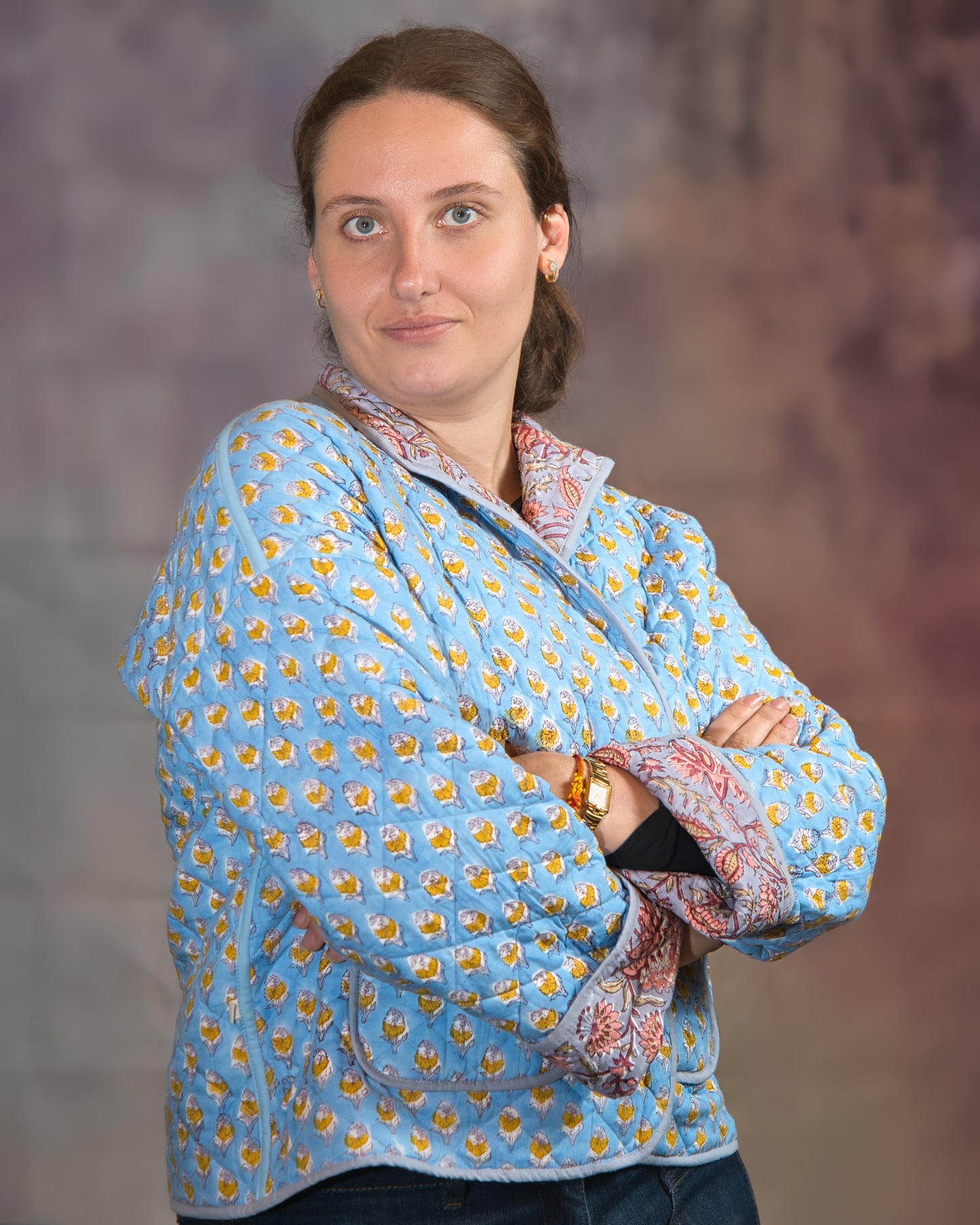 Grey with Blue Flowers Reversible Quilted Jacket