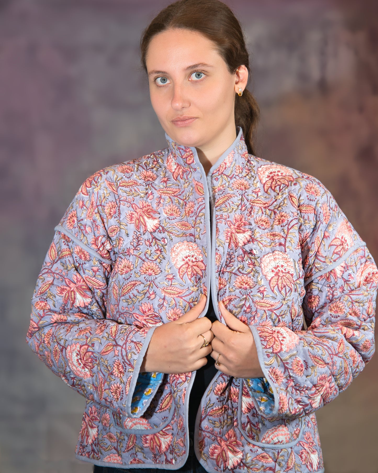 Grey with Blue Flowers Reversible Quilted Jacket