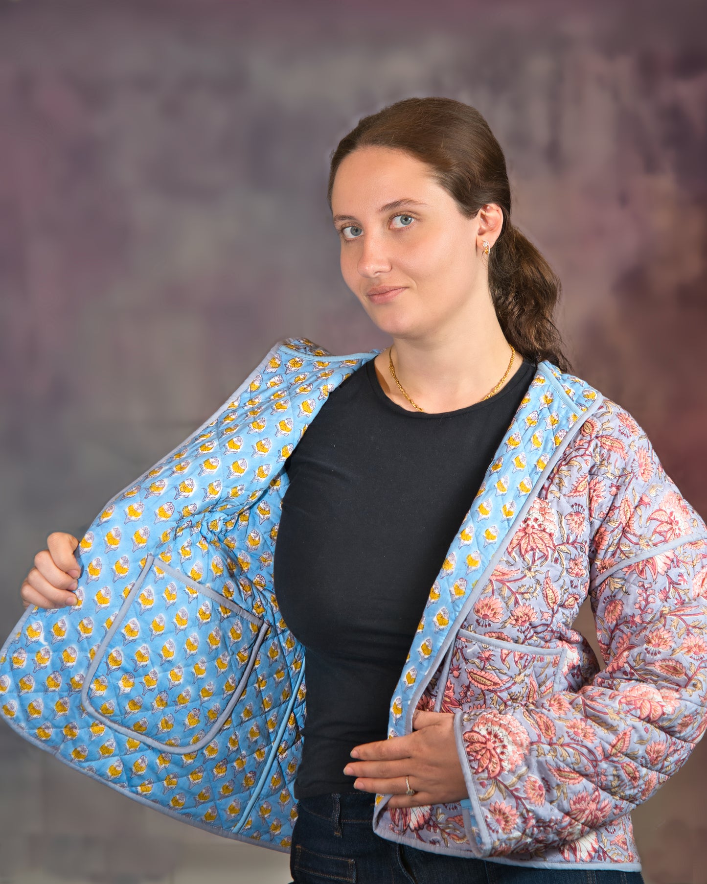 Grey with Blue Flowers Reversible Quilted Jacket