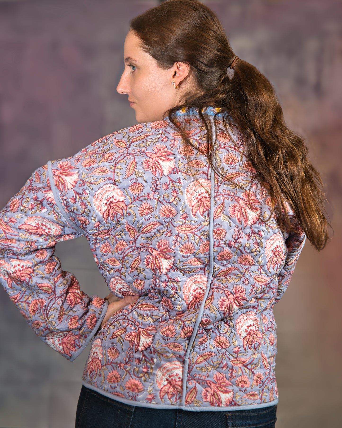 Grey with Blue Flowers Reversible Quilted Jacket