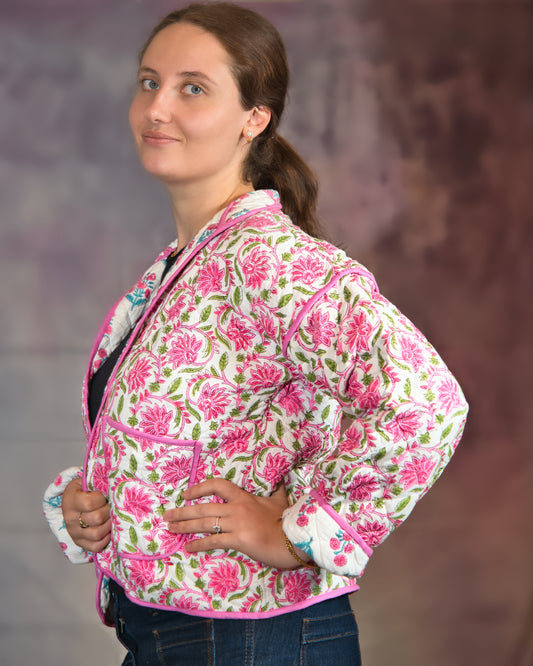 White with Pink Flowers Reversible Quilted Jacket