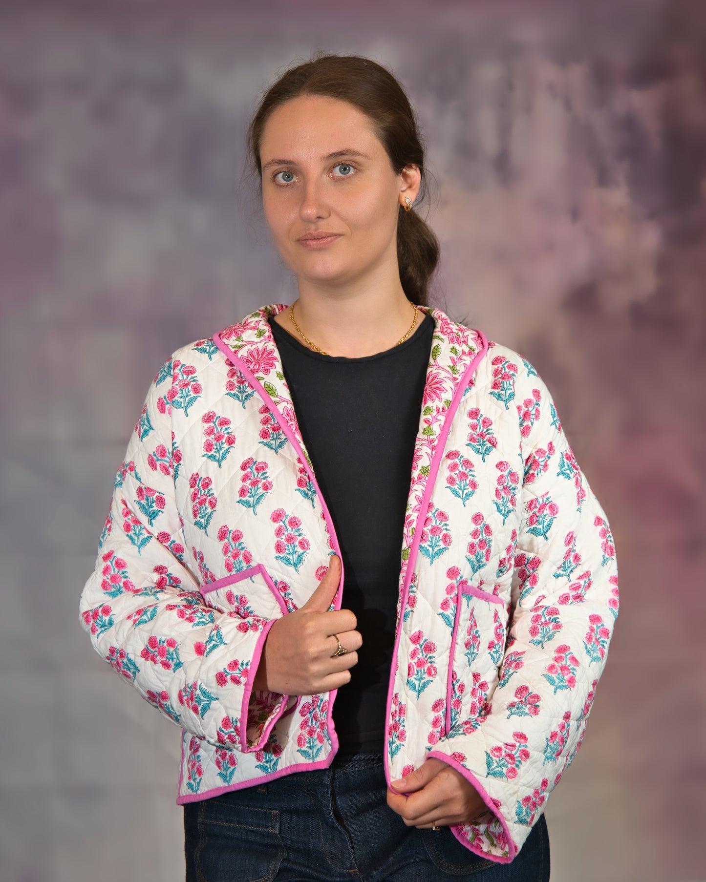 White with Pink Flowers Reversible Quilted Jacket