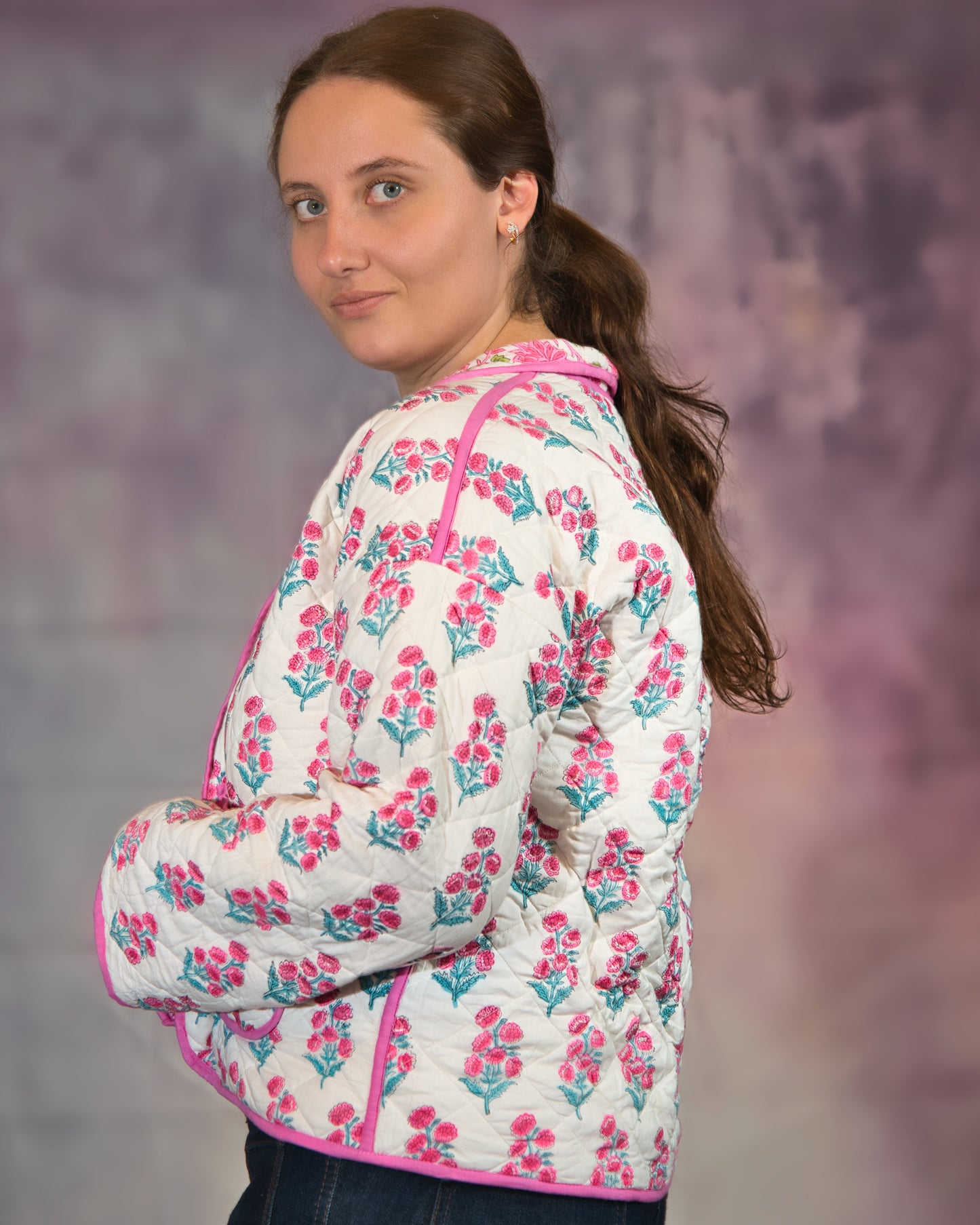 White with Pink Flowers Reversible Quilted Jacket