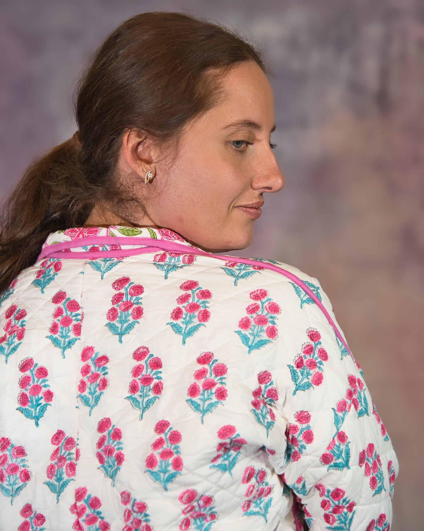 White with Pink Flowers Reversible Quilted Jacket
