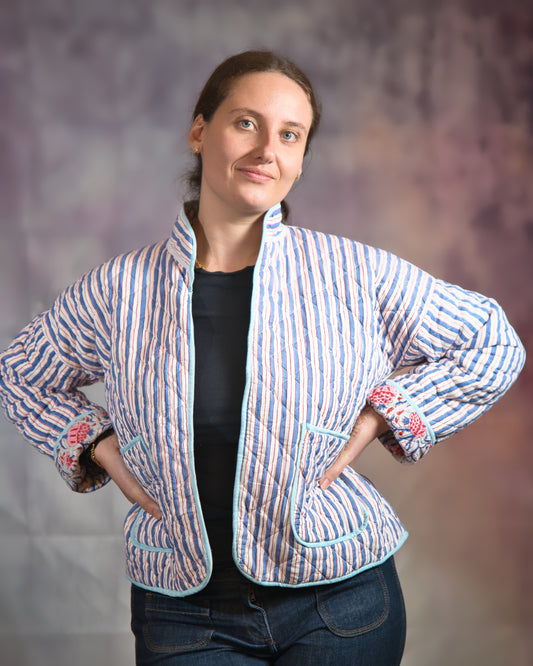 Blue with Pink Flowers Reversible Quilted Jacket