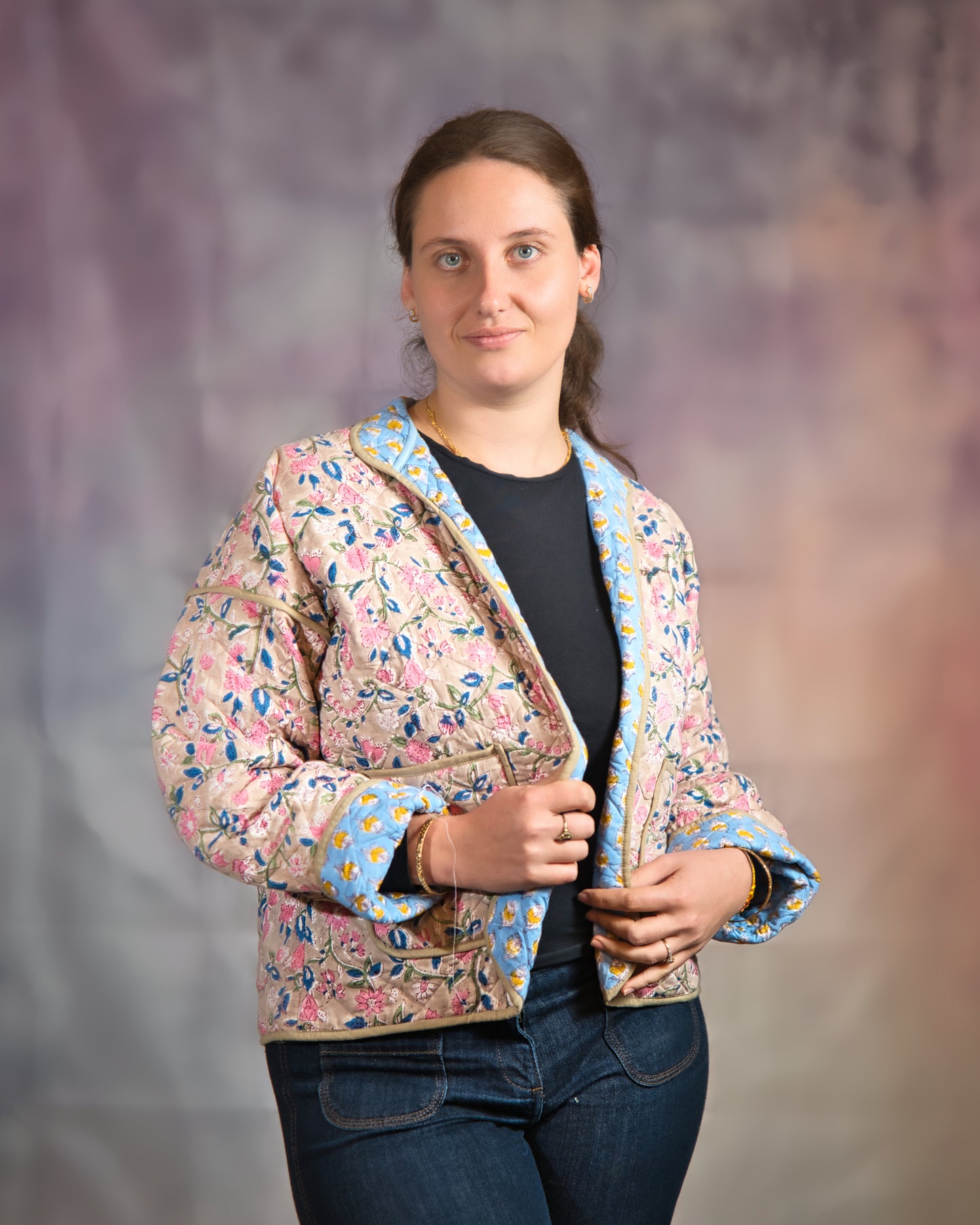 Green with Blue Flowers Reversible Quilted Jacket