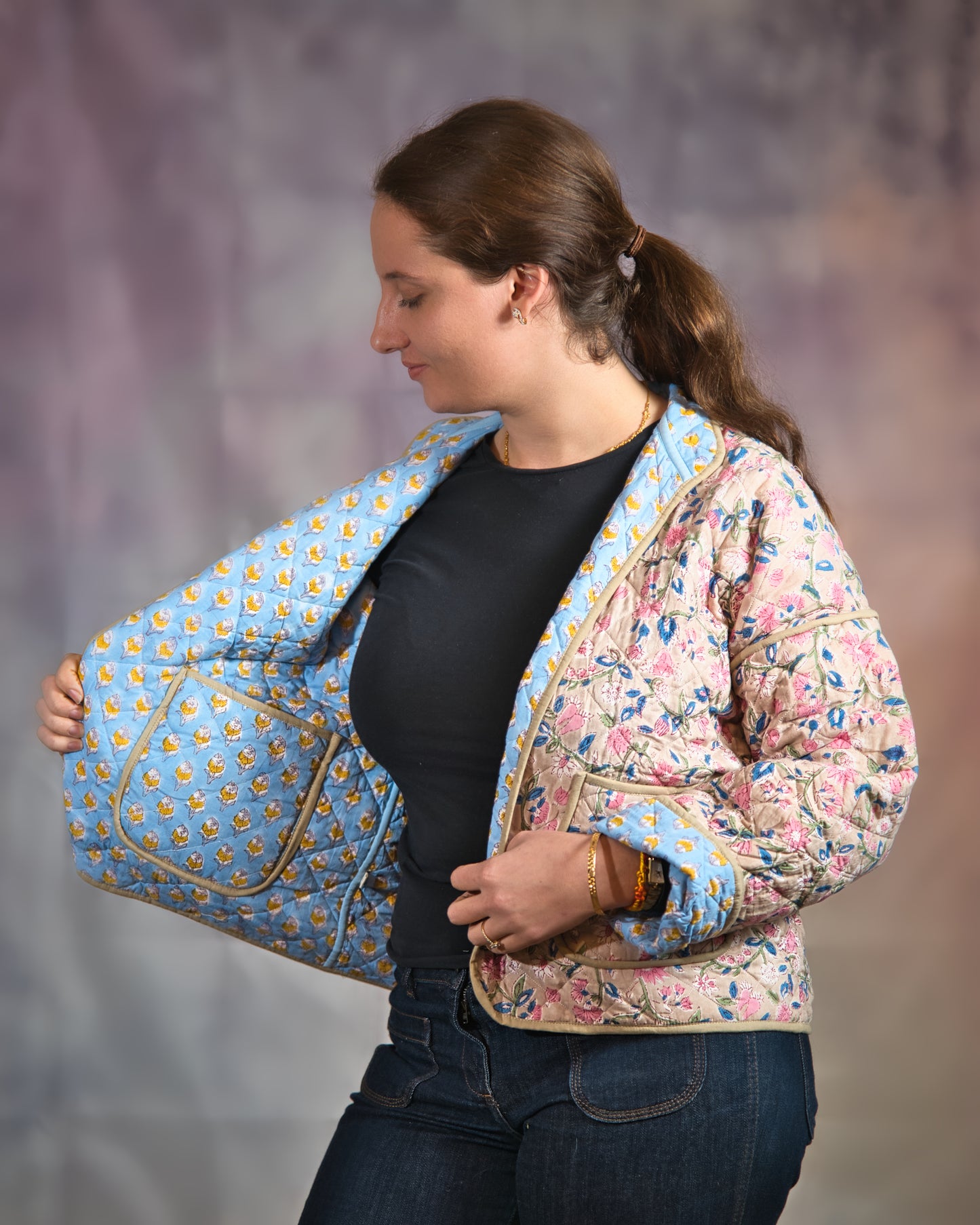 Green with Blue Flowers Reversible Quilted Jacket