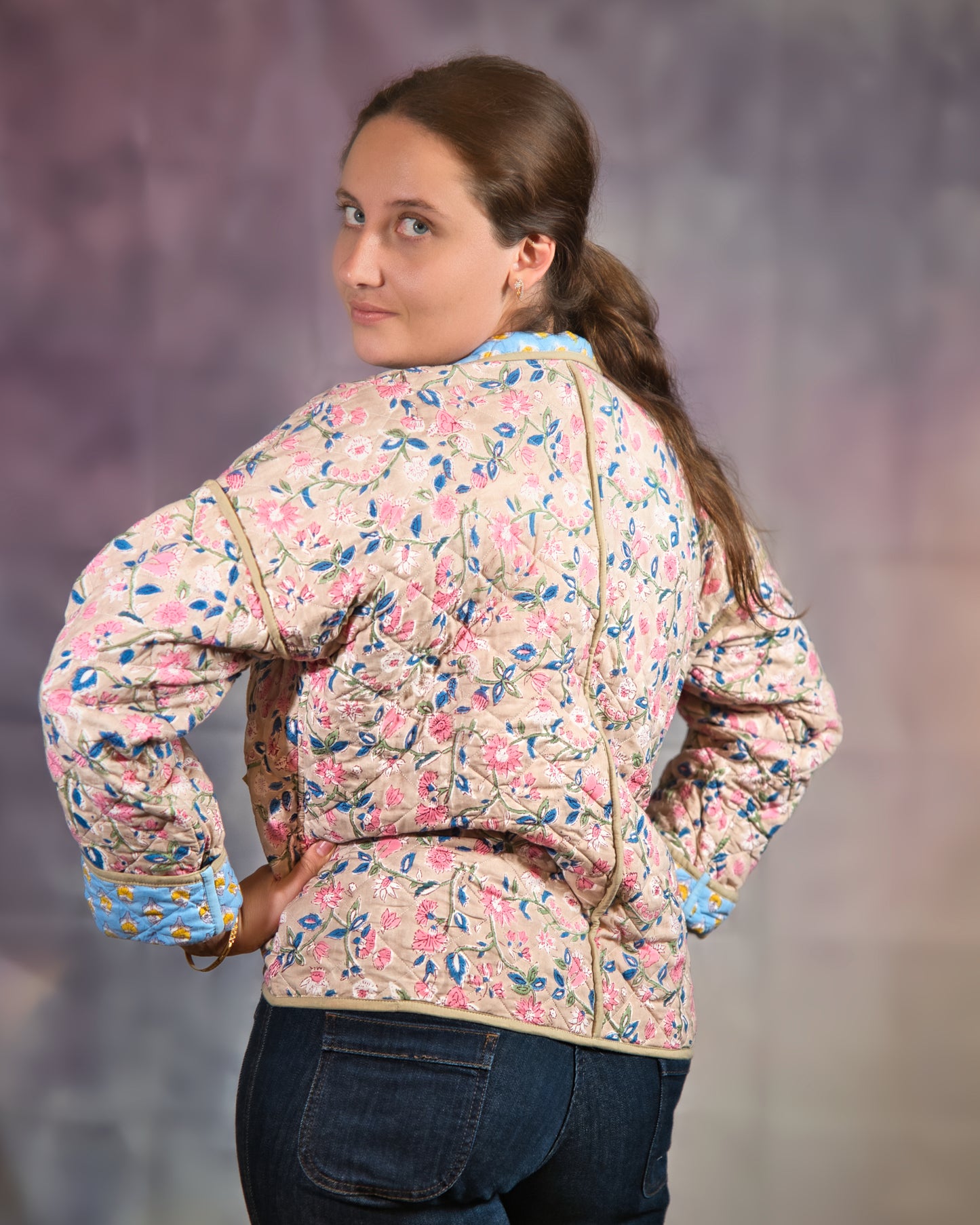 Green with Blue Flowers Reversible Quilted Jacket
