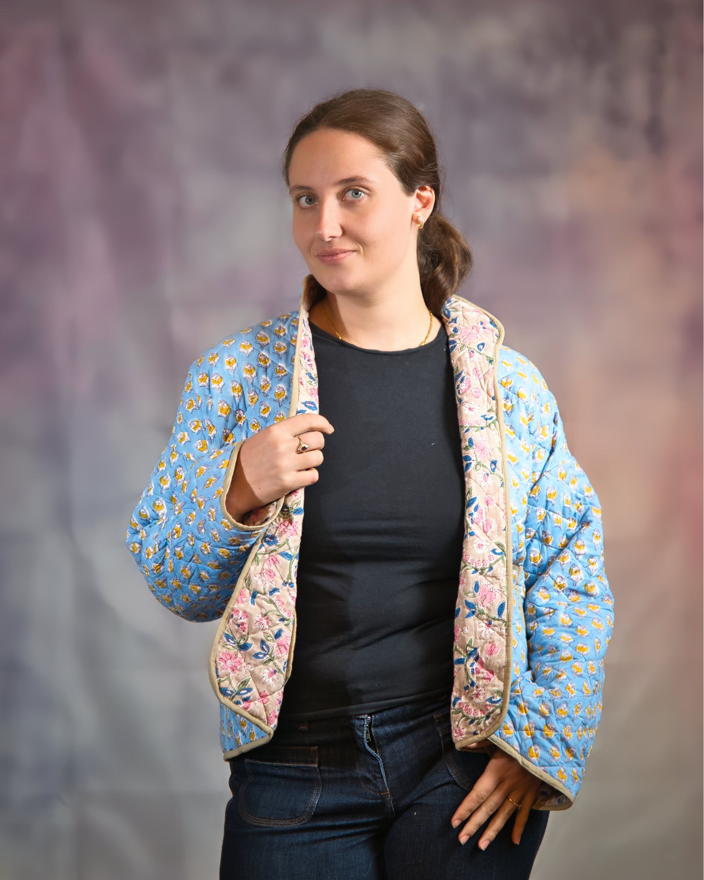 Green with Blue Flowers Reversible Quilted Jacket