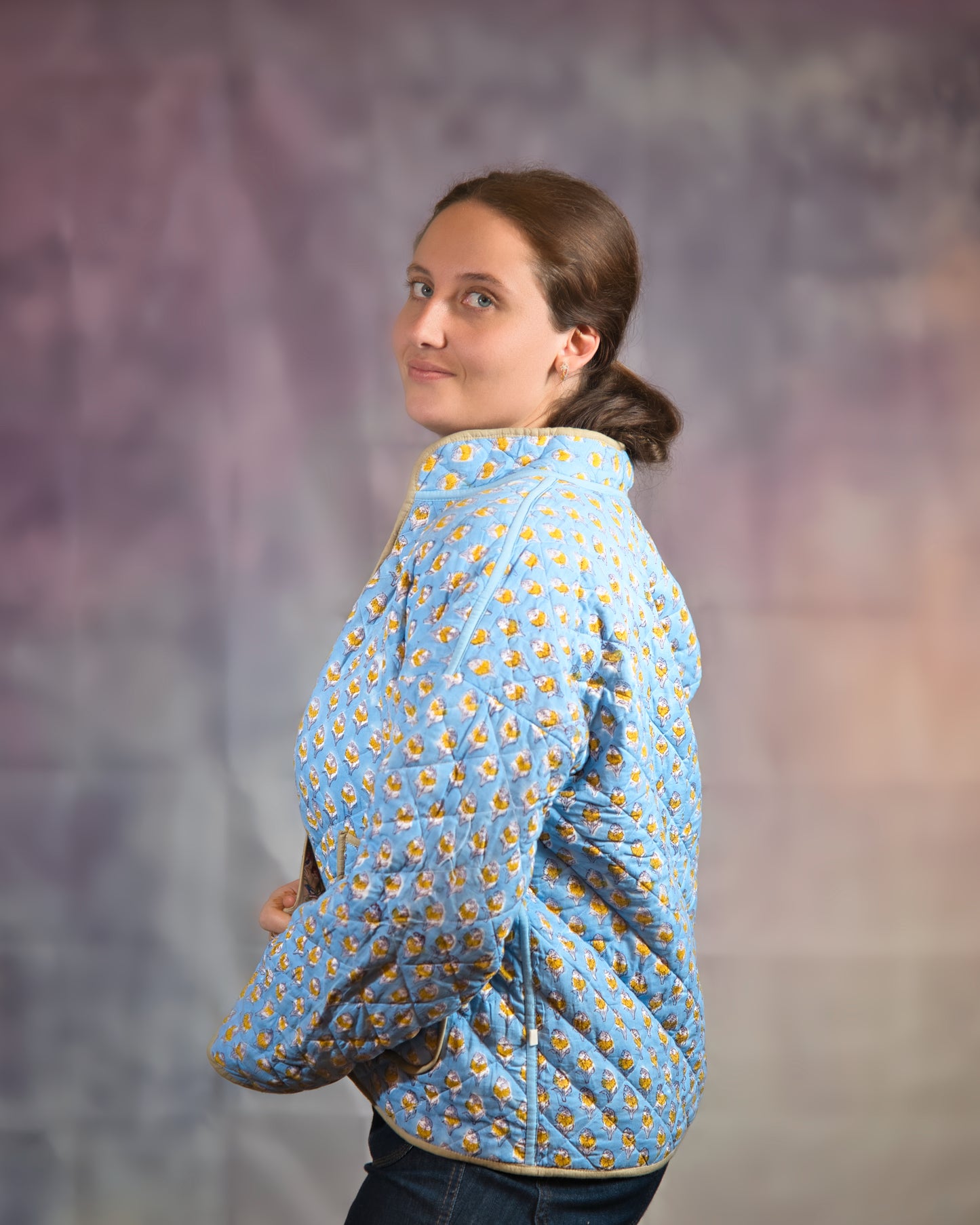 Green with Blue Flowers Reversible Quilted Jacket