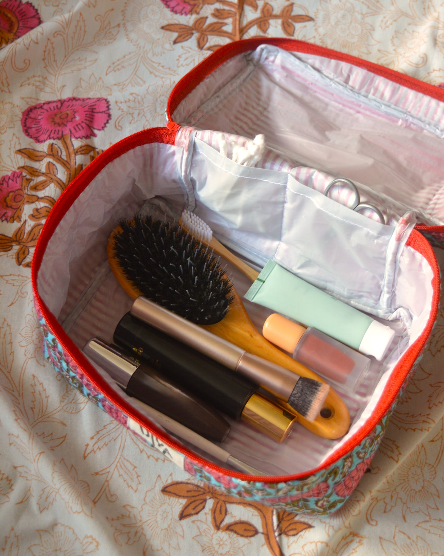 Beige and Red Floral Makeup Pouch