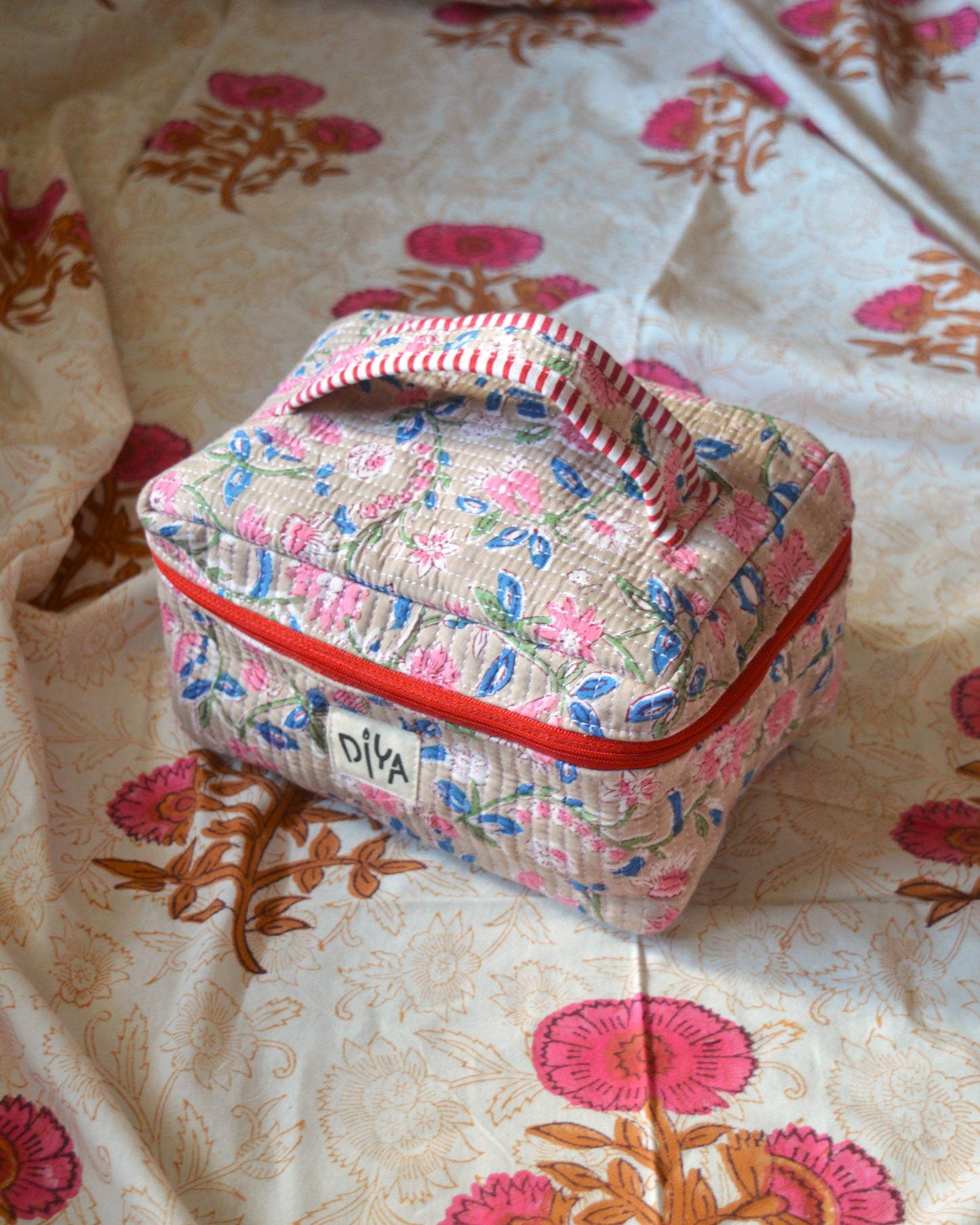 Beige and Red Floral Makeup Pouch