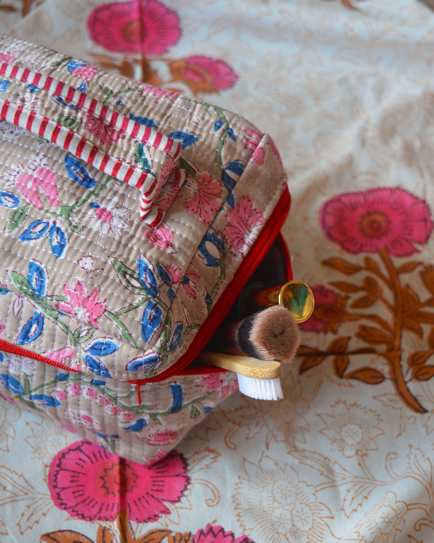 Beige and Red Floral Makeup Pouch