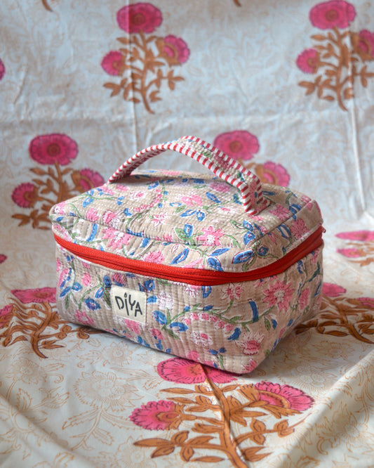 Beige and Red Floral Makeup Pouch