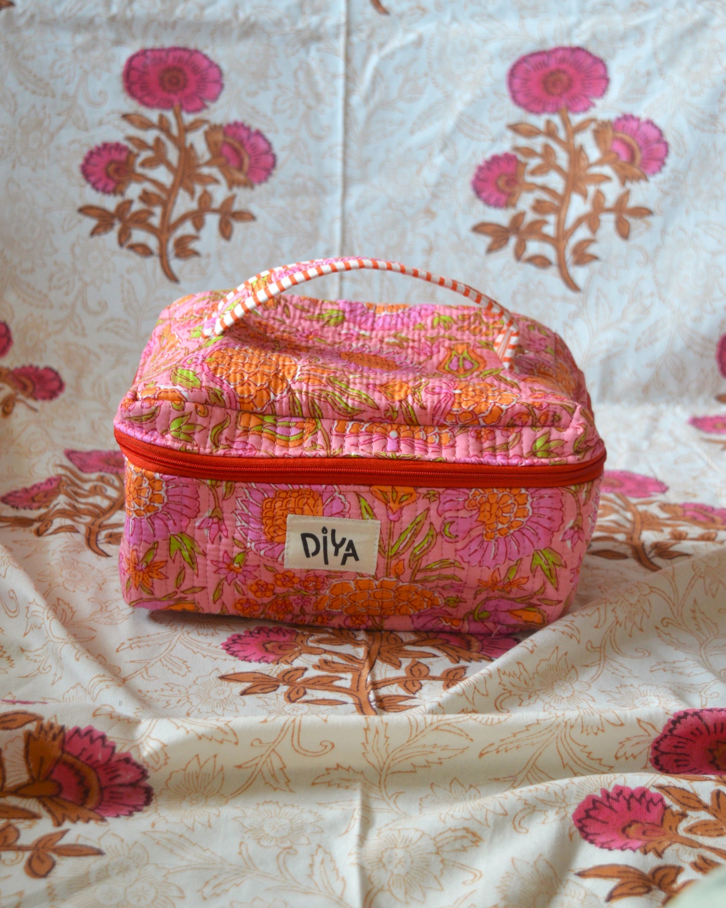 Pink and Orange Floral Makeup Pouch