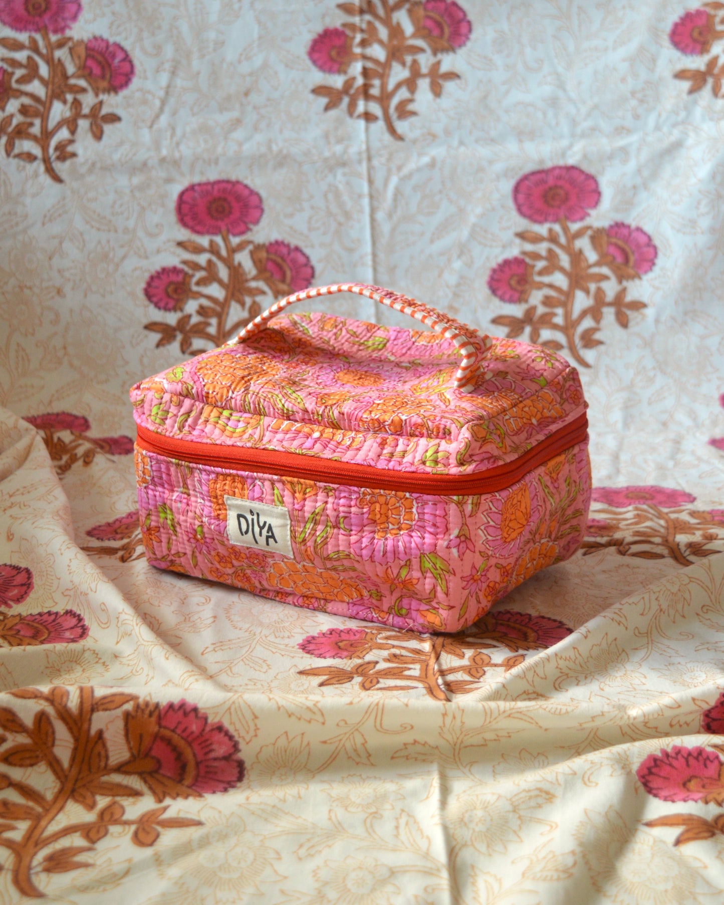 Pink and Orange Floral Makeup Pouch