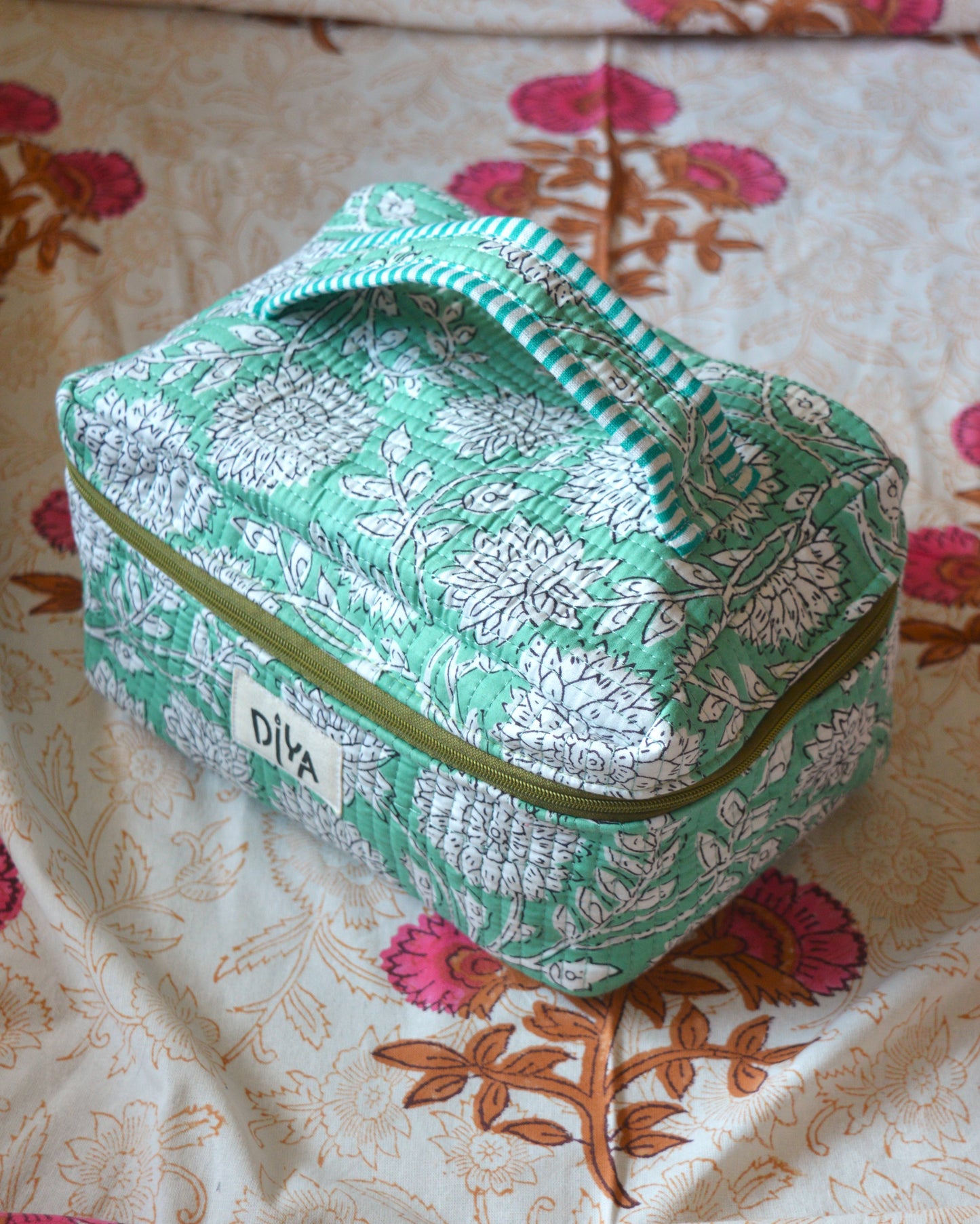 Mint Green Floral Makeup Pouch
