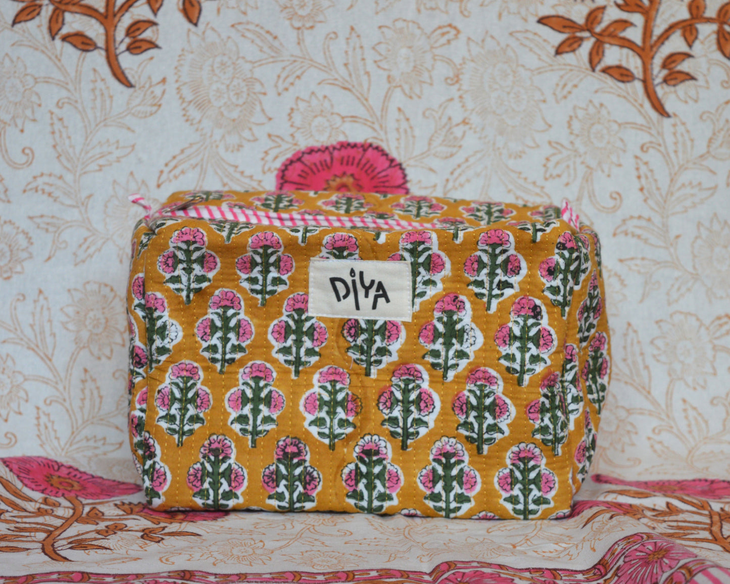 Yellow & Pink Motif Large Cotton Wash Bag