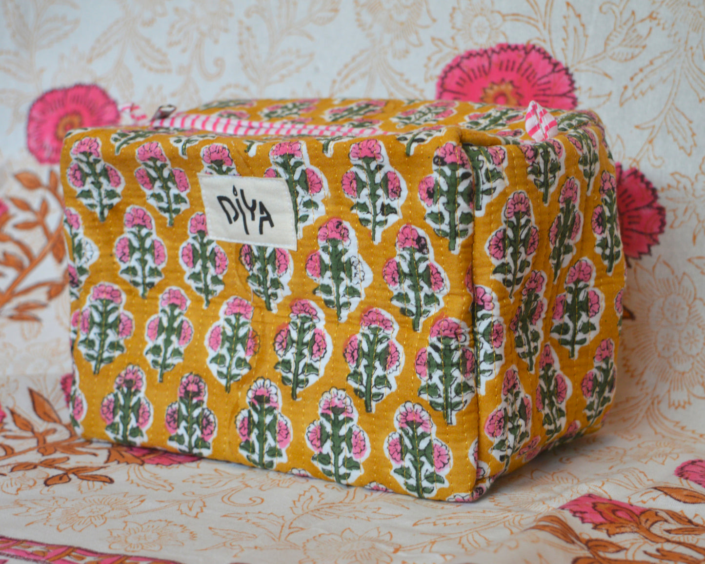 Yellow & Pink Motif Large Cotton Wash Bag