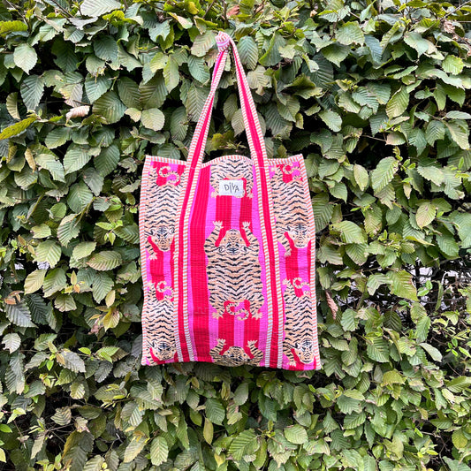 Pink-Red Sleeping Tiger Vertical Tote Bag