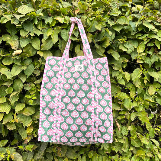 Green-Floral Pink Vertical Tote Bag
