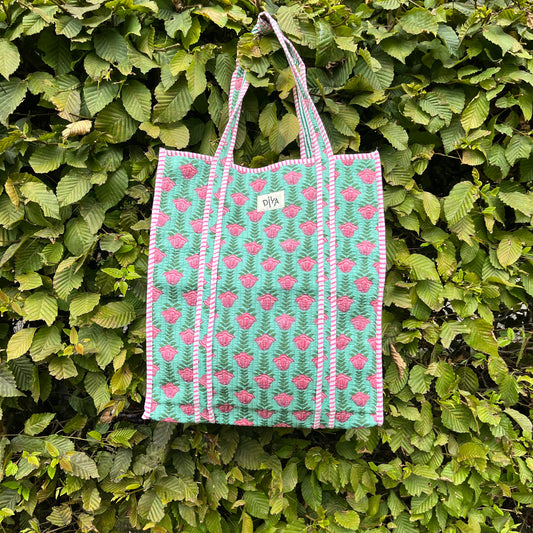Green & Pink Block-Print Vertical Tote Bag