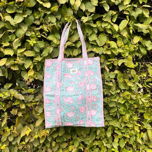Blue-Pink Blooms Vertical Tote Bag