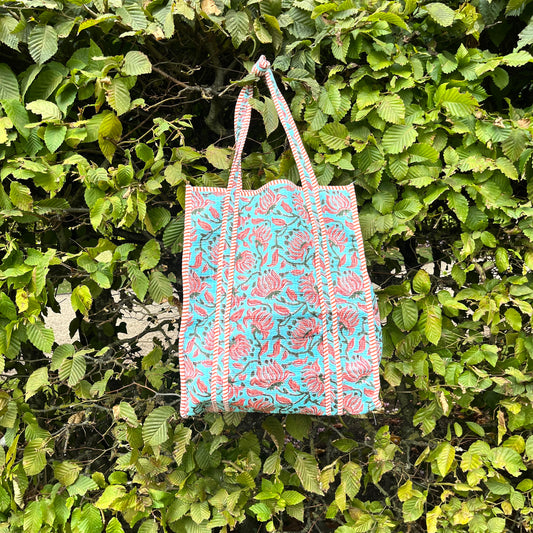 Blue Floral Vertical Tote Bag