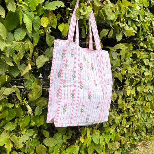 Blossom Pink on White Vertical Cotton Tote Bag