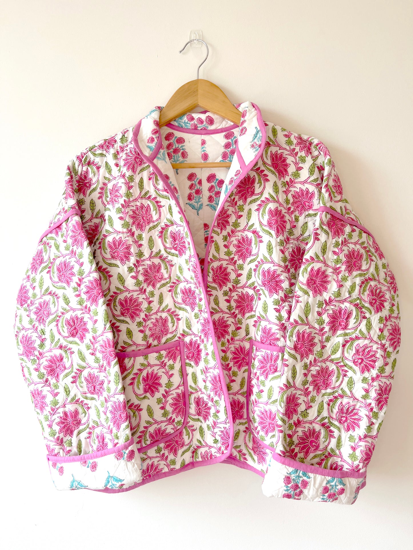 White with Pink Flowers Reversible Quilted Jacket