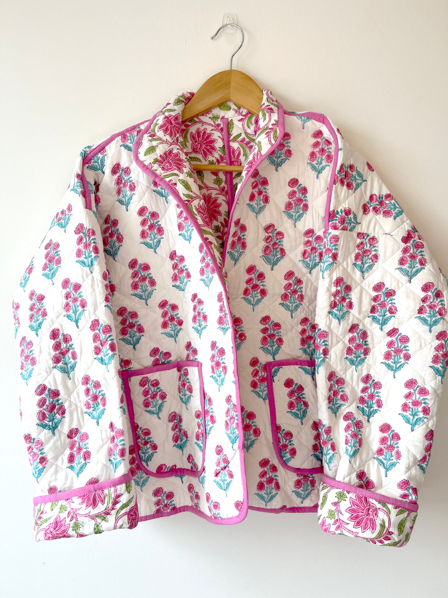 White with Pink Flowers Reversible Quilted Jacket