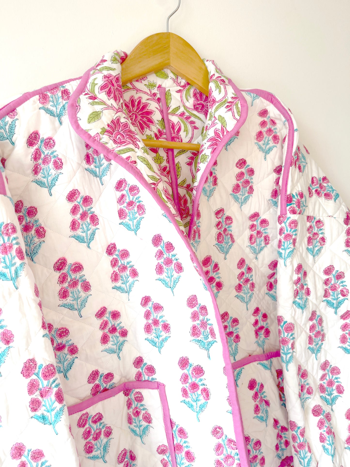 White with Pink Flowers Reversible Quilted Jacket