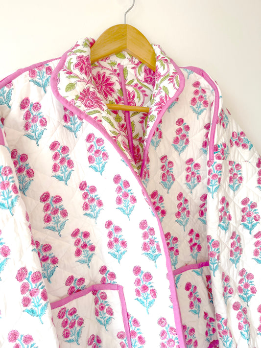 White with Pink Flowers Reversible Quilted Jacket