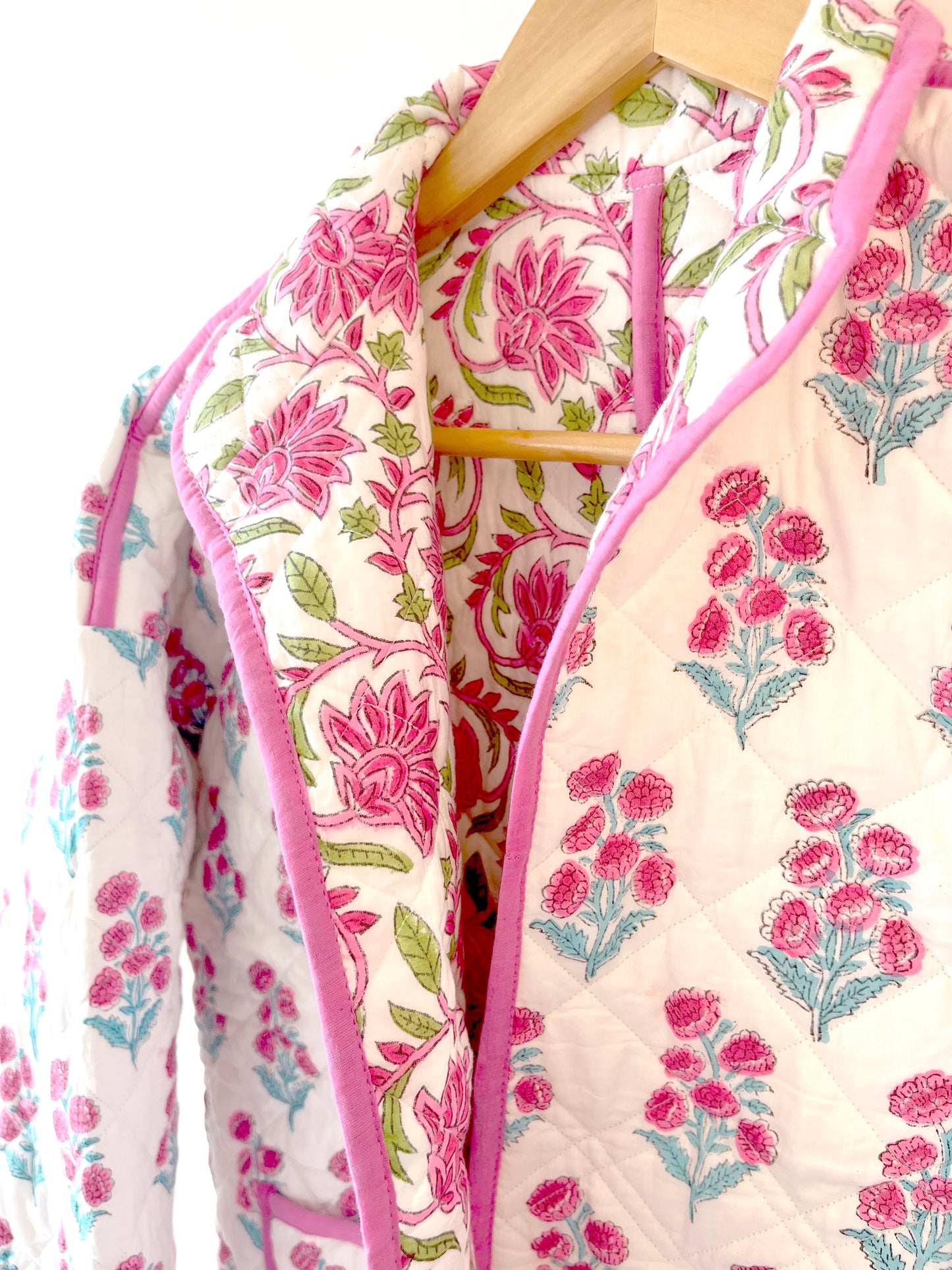 White with Pink Flowers Reversible Quilted Jacket