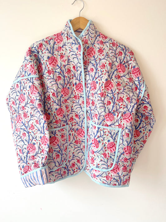 Blue with Pink Flowers Reversible Quilted Jacket