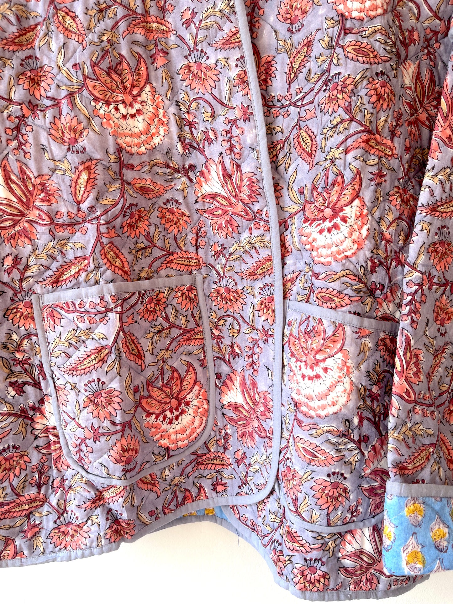 Grey with Blue Flowers Reversible Quilted Jacket