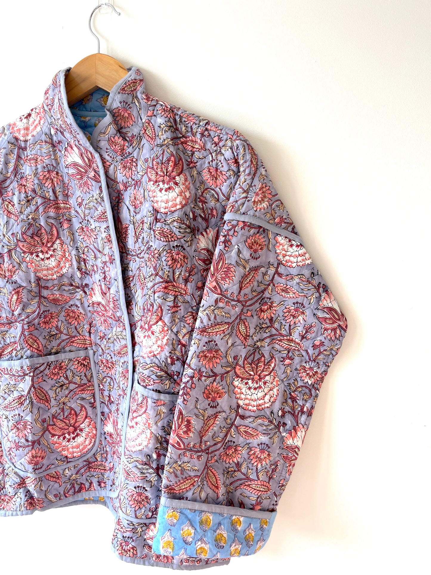 Grey with Blue Flowers Reversible Quilted Jacket