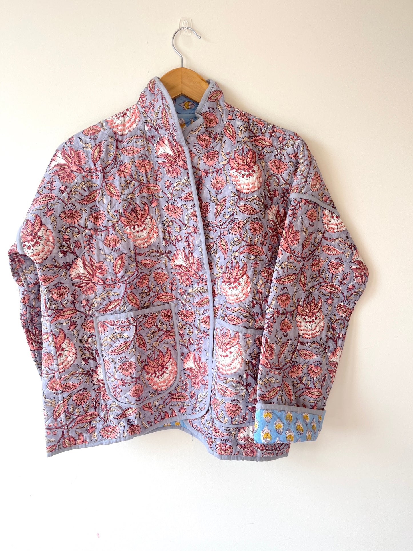 Grey with Blue Flowers Reversible Quilted Jacket