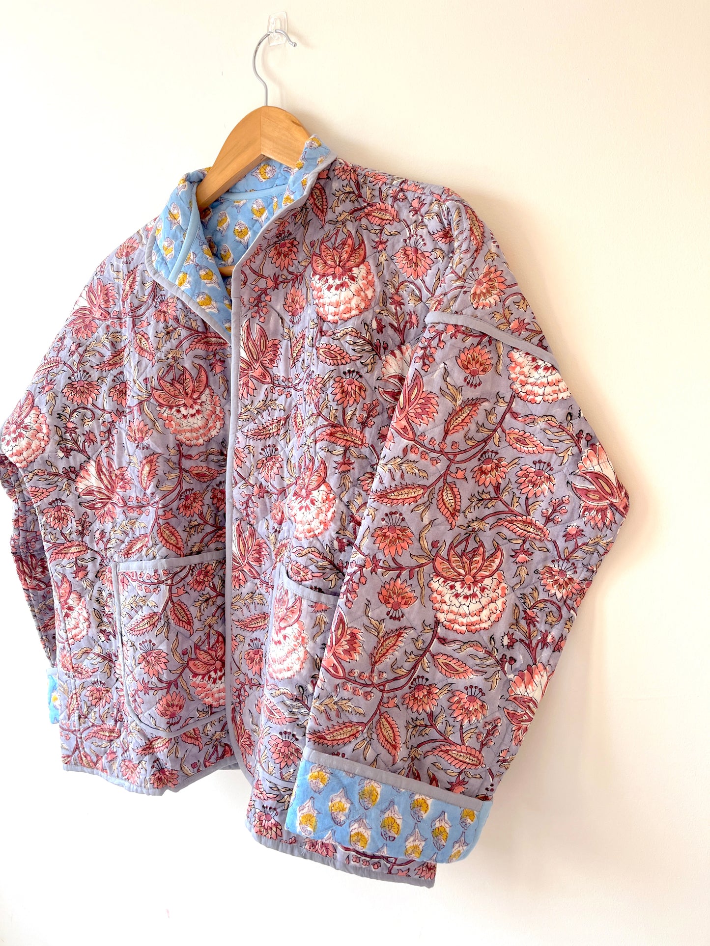 Grey with Blue Flowers Reversible Quilted Jacket
