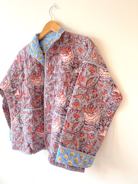 Grey with Blue Flowers Reversible Quilted Jacket