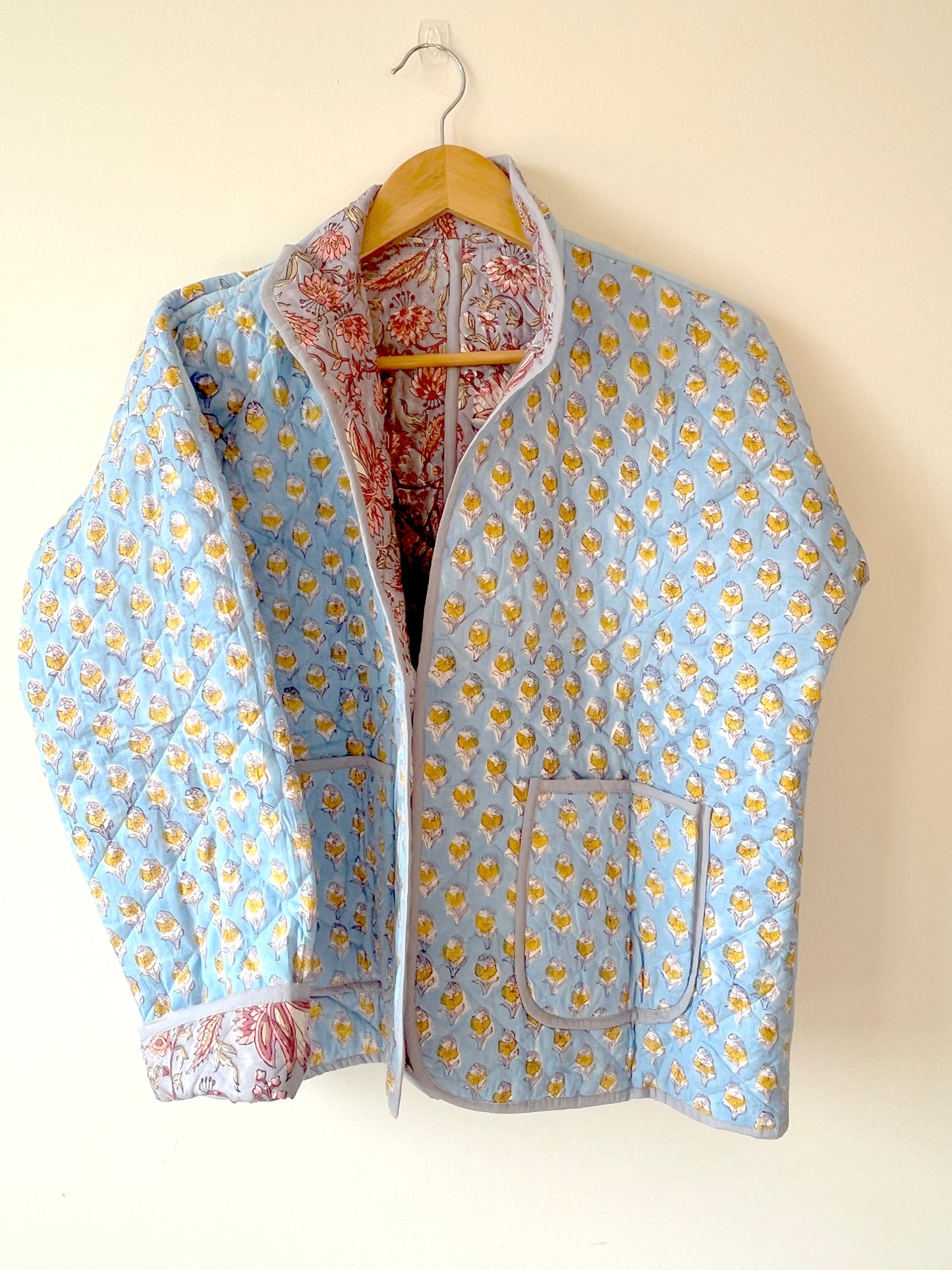 Grey with Blue Flowers Reversible Quilted Jacket
