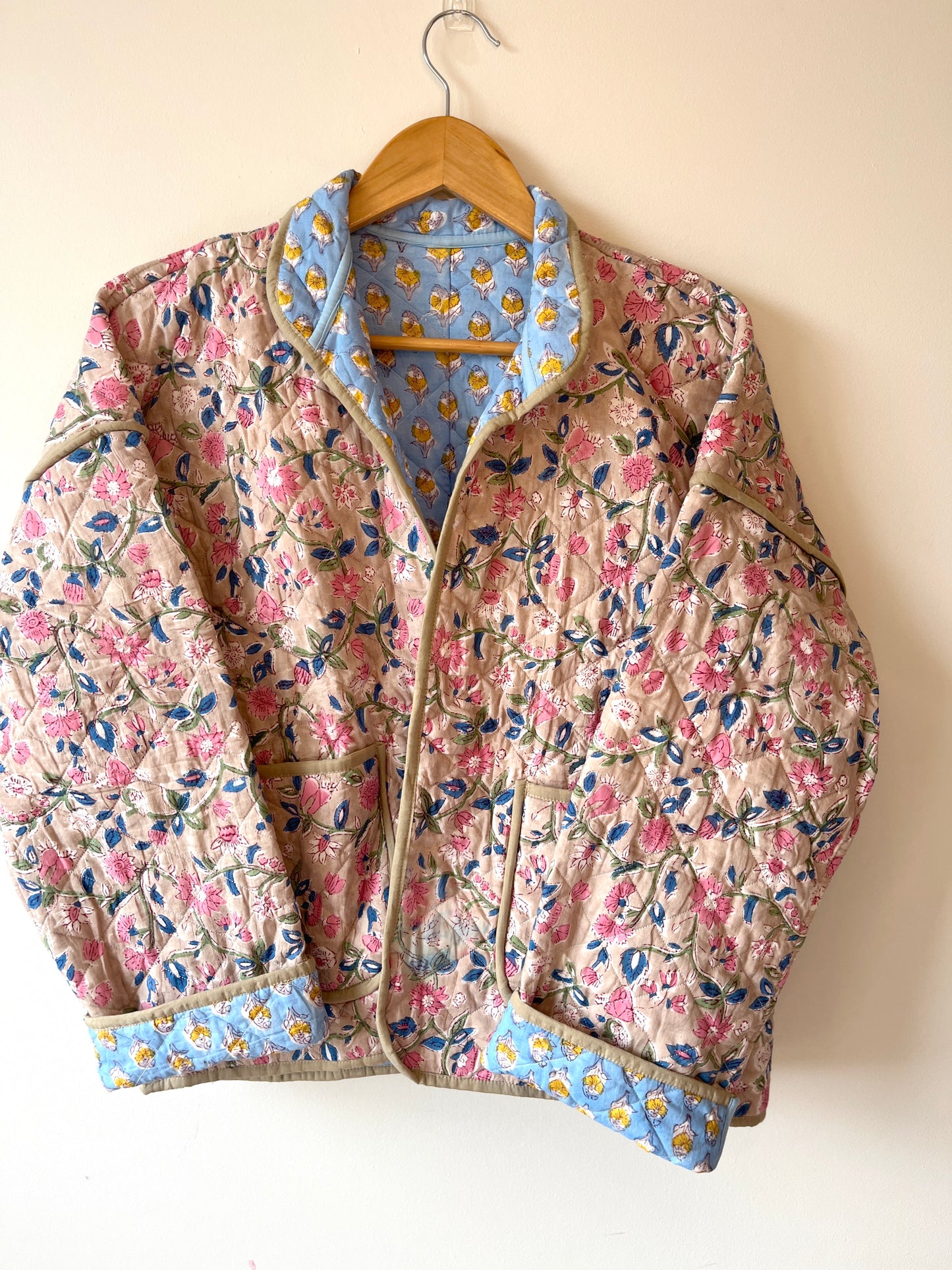 Green with Blue Flowers Reversible Quilted Jacket