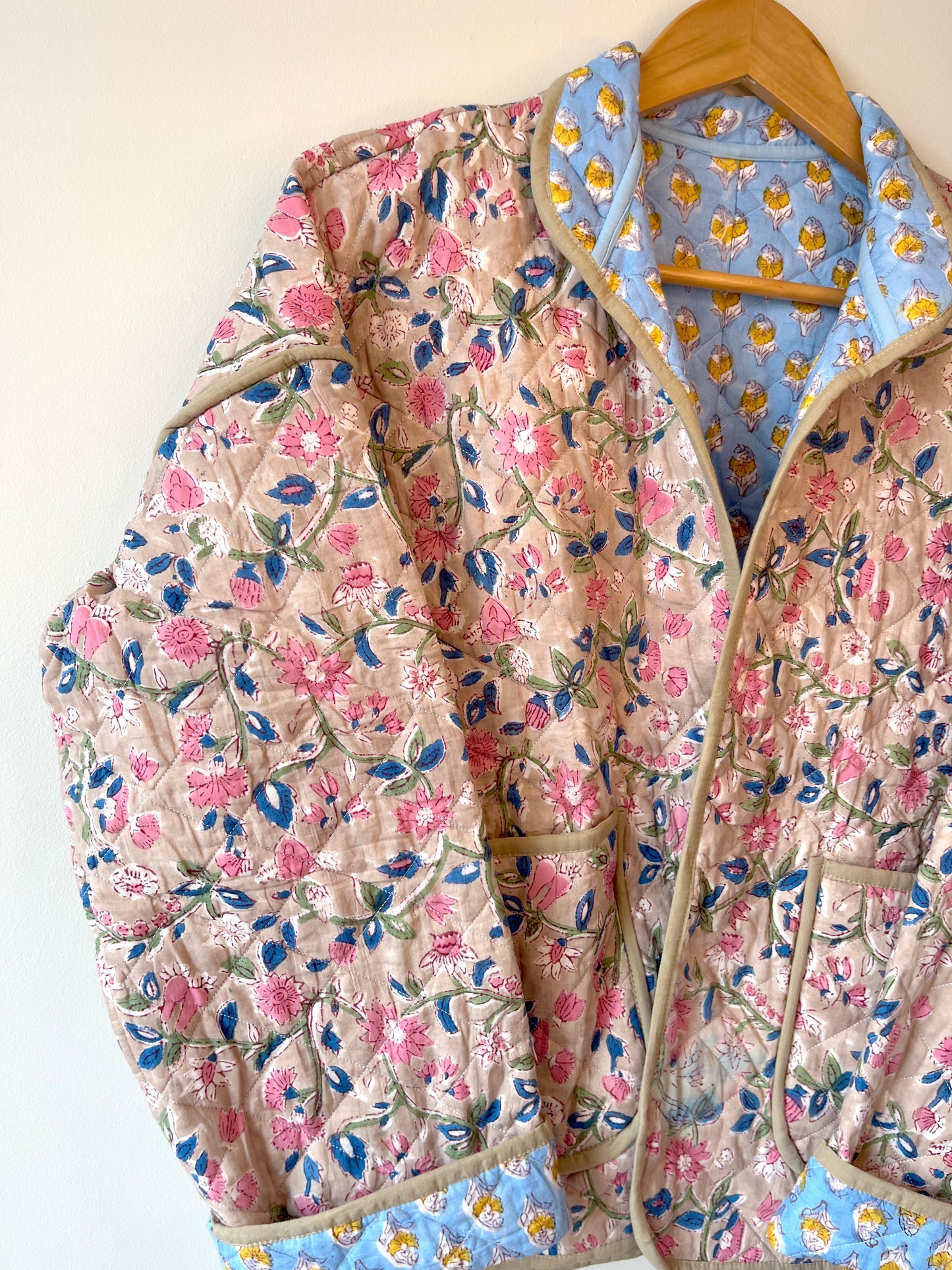 Green with Blue Flowers Reversible Quilted Jacket