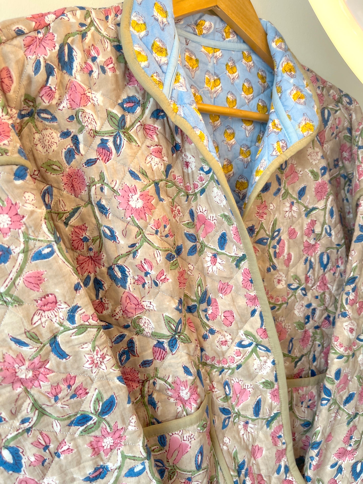 Green with Blue Flowers Reversible Quilted Jacket