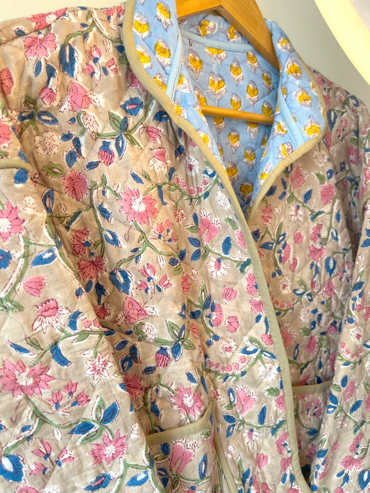 Green with Blue Flowers Reversible Quilted Jacket