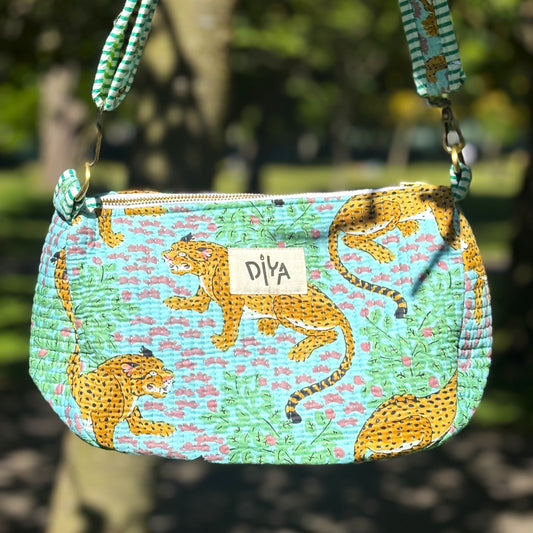 Green Cheetah Pattern Padded Cotton Crossbody Bag