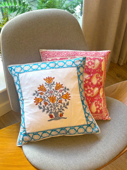 Sunny Yellow Flower with Blue Cushion Cover