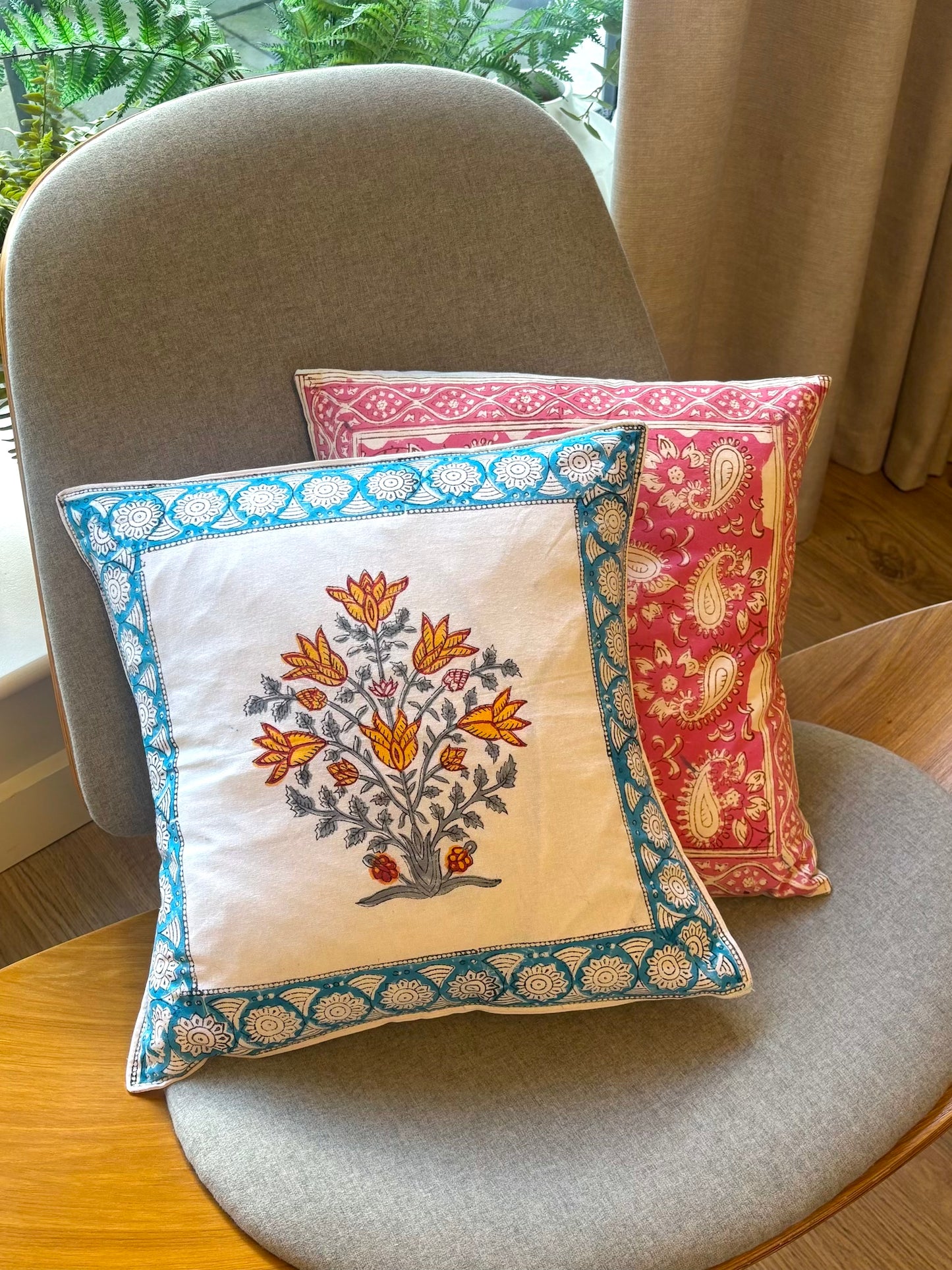 Sunny Yellow Flower with Blue Cushion Cover